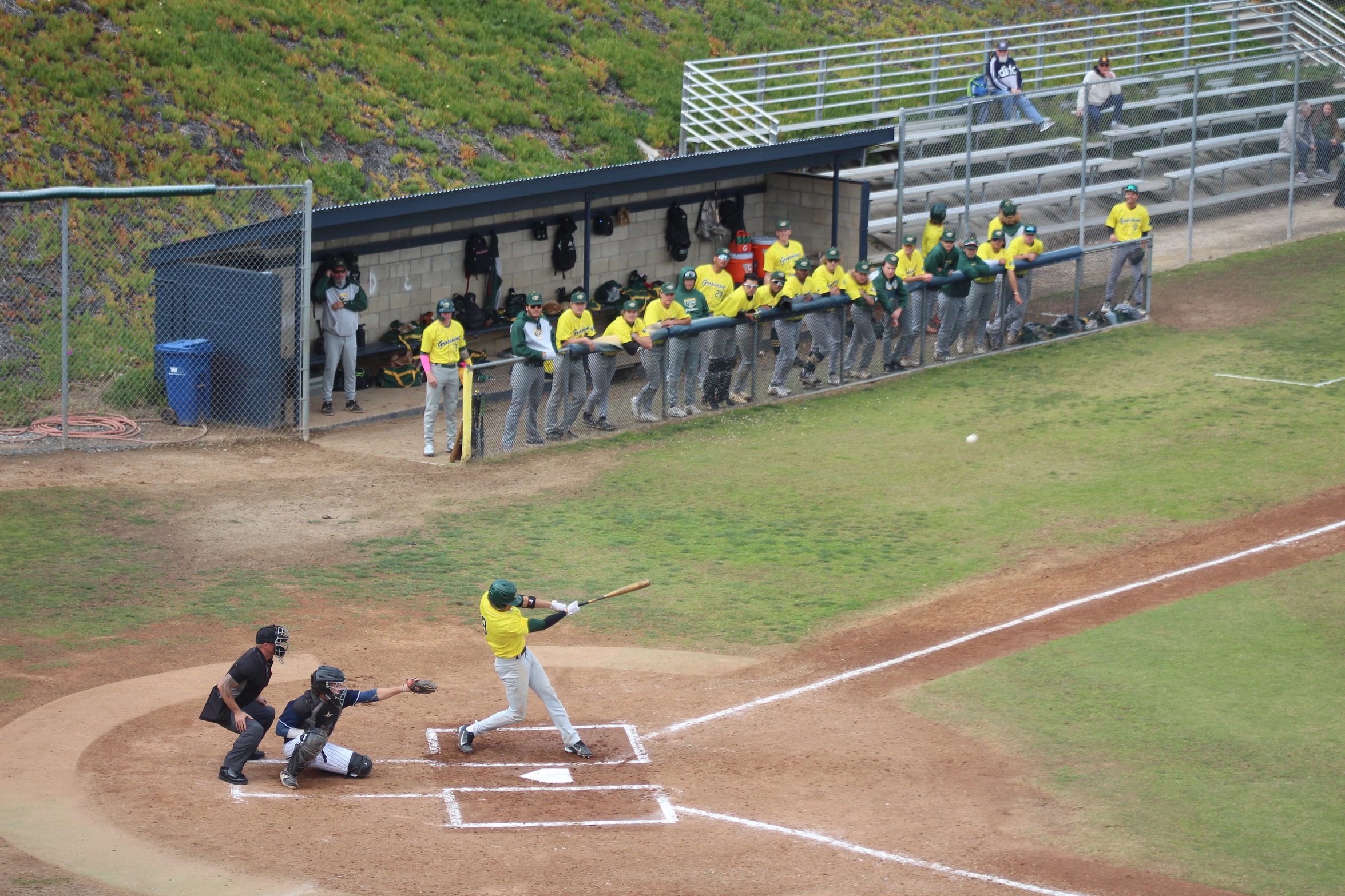 Noah Lane with a double to left field against SD Mesa (3/4/2023).

Photo Courtesy of Grossmont College Athletics