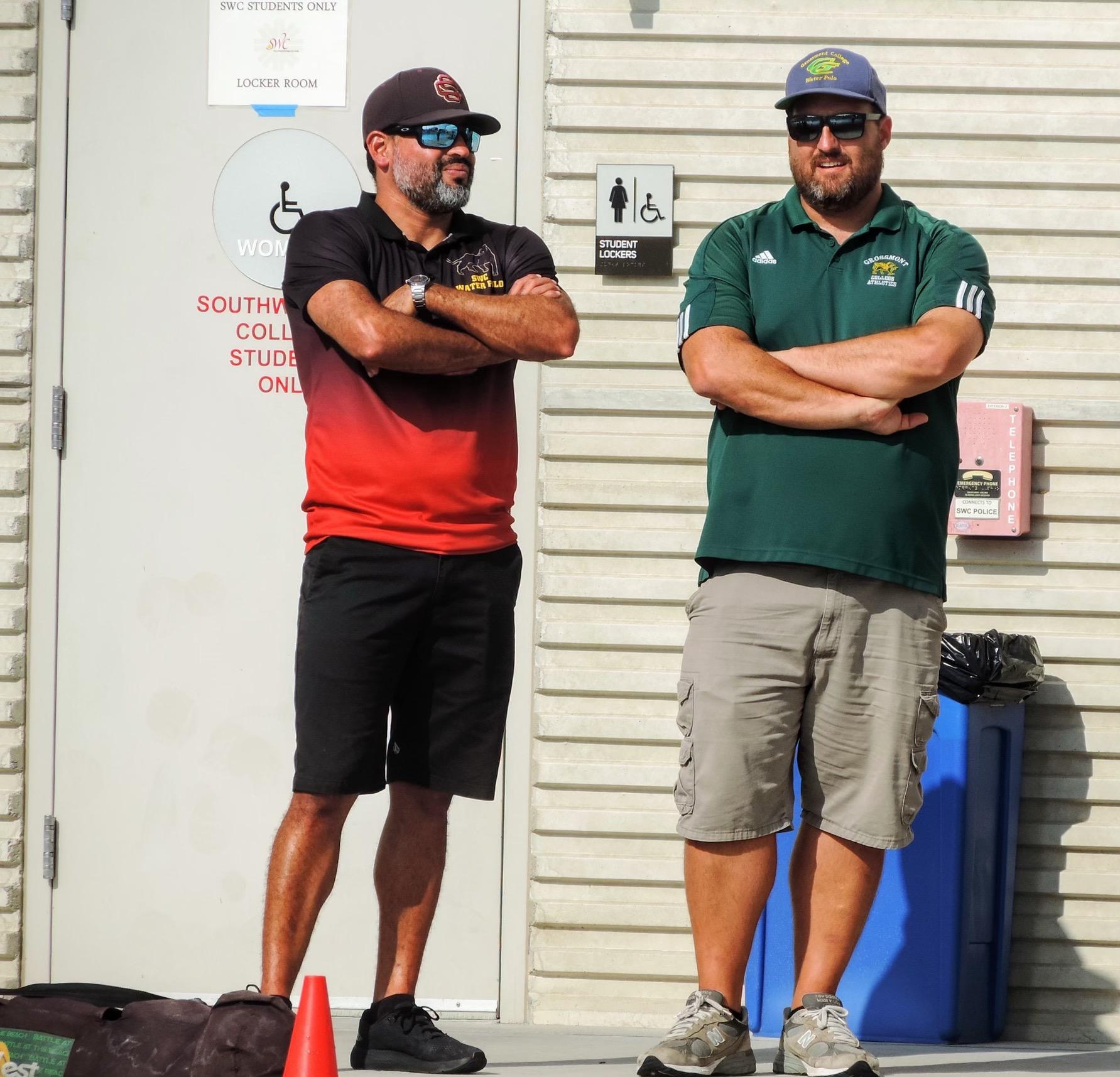Southwestern Coach Jorge Perez (Griffin Alum) and Grossmont Coach Tyrent Lackey talking prior to today's match.  "Even SWC's coach picked Grossmont to play."