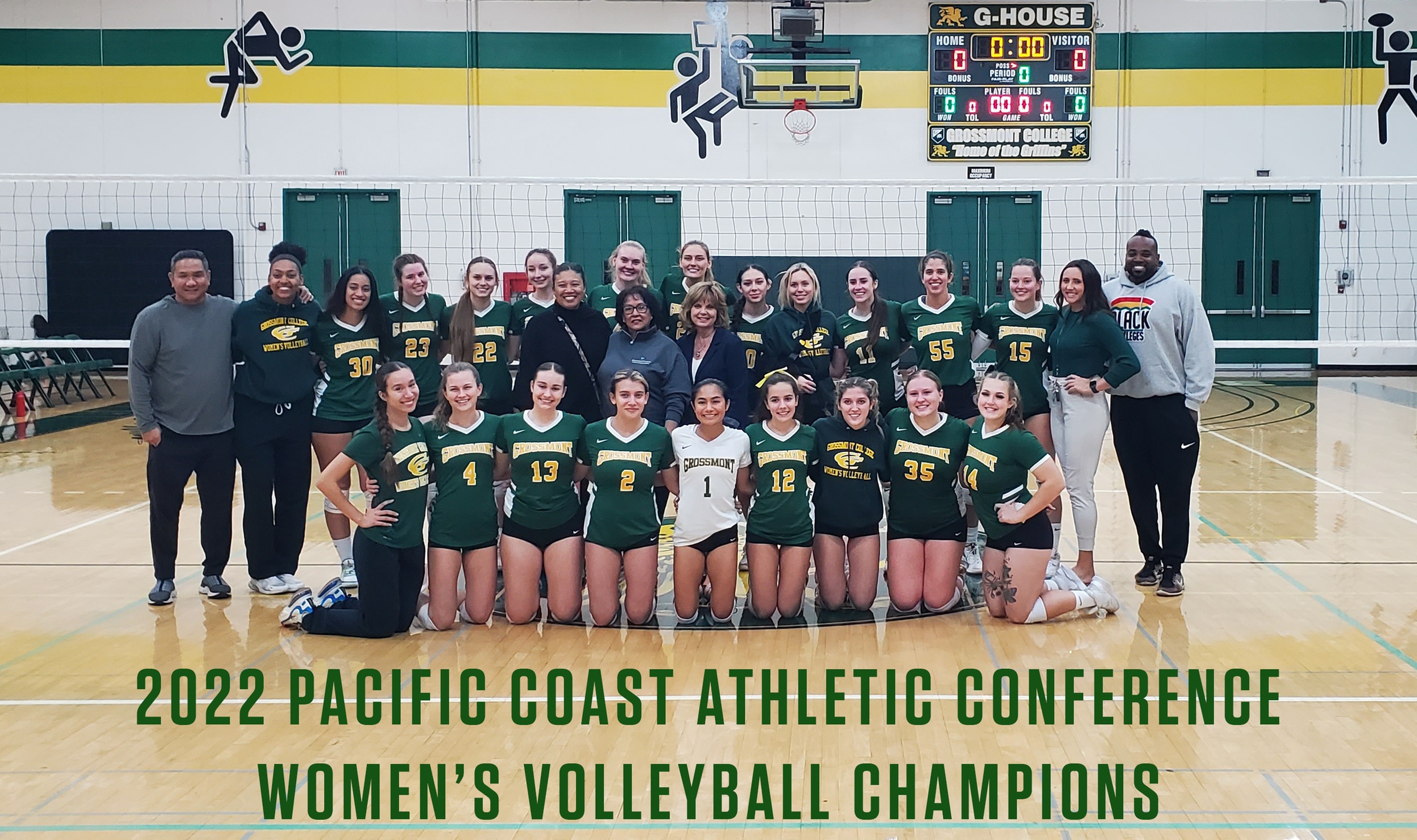 The Grossmont College Women's Volleyball team with GCCCD Chancellor Dr. Lynn Neault, GC President Dr. Denise Whisenhunt, Governing Board member Elena Adams and Athletic Director Jason Allen. (Photo courtesy of P.J. Panebianco (Instagram: @vanillagorillaphotography)